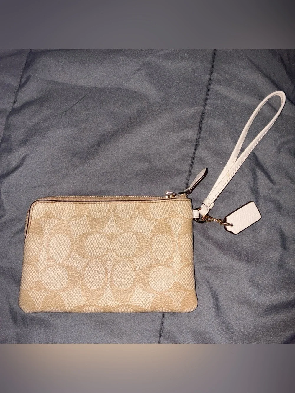 Coach Beige Signature Canvas Wristlet with Light Pink Center Stripe